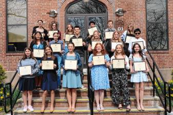 In front row, from left, are Sara Mahr, Maya Mianowski, Sarah Esposito, Mackenzie Shivas, Emily Perry and Scarlette Phillips. In middle row, from left, are Sydney Cascone, Grace Jurgaitis, Owen Simmons, Hailey Jenkins, Kasiah Schenk and Brandon Sanchez-Casas. In top row, from left, are Avery Brennan, Alina Fee, Savanna Laver, Adrian Urrutia, Luke Cole and Mia Damms. (Photo provided)