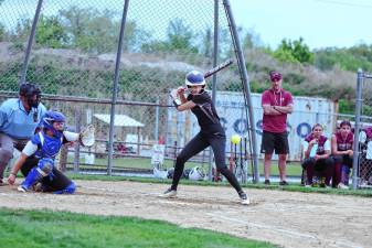 WV1 Wallkill Valley batter Madison Molta watches the ball approach in the first inning of the game against Newton on May 7. The Braves won, 4-0. (Photos by George Leroy Hunter)