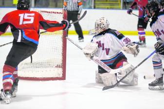 Senior Michael Sadowski (15) of High Point celebrates a second-period goal in the finals for the Charette Cup. (Photos by Jay Vogel)