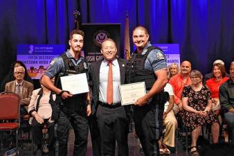 Rep. Josh Gottheimer, D-5, honors West Milford Police Officers Nicholas Soltesz and Peter Wunk. (Photo provided)
