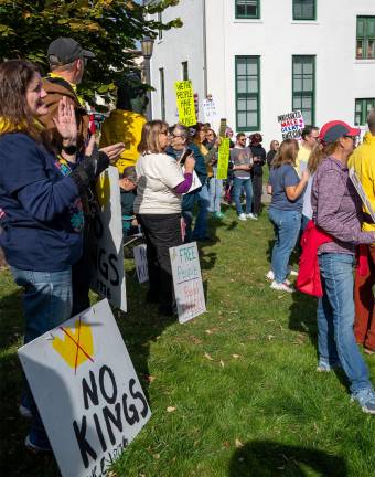 An estimated 600 people came to Newton for Saturday’s “No Kings” rally.