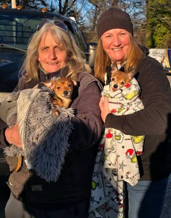 Lisa Chammings, left, holds Hero and Jeanette Campbell holds Tiny Tim shortly after the dogs were discovered in Stillwater Township, N.J., on Wednesday, March 18. After being sighted in the road in Stillwater, Chihuahua-mix Hero led Campbell and Chammings to a disabled older Chihuahua named Tiny Tim, who was stuck at the water’s edge at Swartswood Lake, unable to free himself from behind a dock. Photos provided by Lisa Chammings.