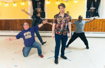 From left are Todd Smith. Alex McCully, Dom Chiocchi, Nathan Simmons and Randy Donaldson in rehearsals for ‘The Full Monty.’ (Photos provided)