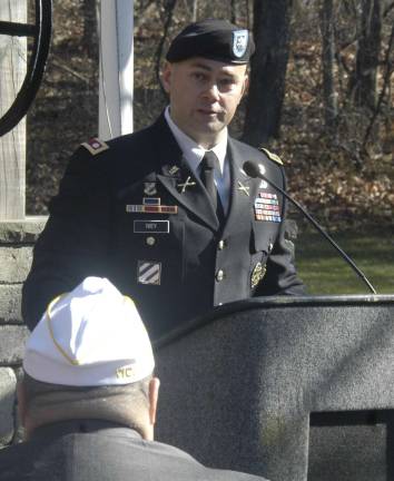 LTC Jeffrey Ivey of Picatinny Arsenal speaks to those gathered at the Veterans Day Observance in Jefferson Township about the importance of remembering those who are currently in service and the Veterans who have served.