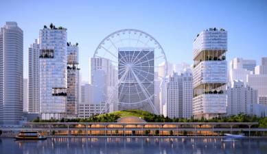 One of the five real estate moguls bidding for a casino license in Manhattan is hoping to gain support by offering to place a huge ferris wheel overlooking the East River atop the casino. Photo: Soloviev Enterprises