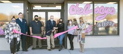 From left: Melissa Lamlamay, Chelsey's Closet team member; Stephan Zydon, Franklin Borough councilman; Stephen Skellenger, Franklin Borough Councilman; John Sowden, mayor of Franklin Borough; Denise Epright, owner Chelsey's Closet &amp; Back On The Rack Consignments; Chelsey Epright, the store's namesake; and Tracey Birchenough, Chelsey's Closet team member. (Photo by Kristy Kryzak at KryzakRed Photography)