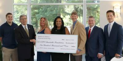 Pictured from left to right: Tyler Simpson, SCCC student, and scholarship recipient; William Curcio, chair, SCCC Board of Trustees; Tara Hakoun Rodriguez; Monica Lemperle, director, SCCC Foundation; Dr. Jon Connolly, president, SCCC; Michael Stieglitz and Andrew J. Grant from CKW Charitable Foundation