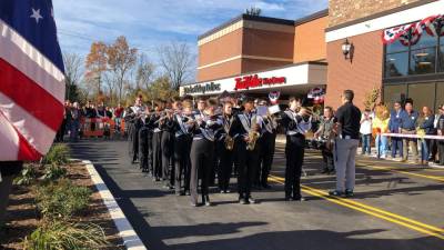 The Wallkill Valley Regional High School Marching Band performs before the ribbon-cutting at the new ShopRite of Sussex on Wednesday, Oct. 25. (Photo by Kathy Shwiff)