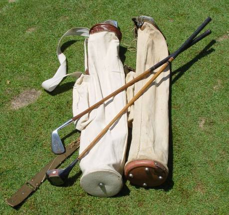 The vintage hickory stick golf clubs used on the par 3 hole number 11 for the closet to the pin event.