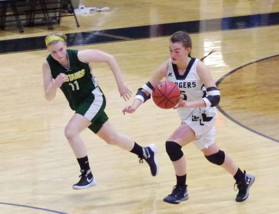 Wallkill Valley's Patricia Stecher dribbles the ball as Sussex Tech's Karleigh Noll keeps pace.
