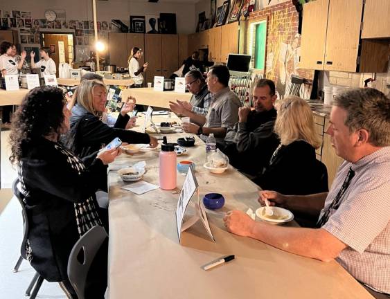 Staff members enjoying soup and the company of one another-front to back-John Steiger, Irene Chernati, Lori Parrott, Barbara Petronaci, Mark Trongone, Jeff Colarusso, David Wolfelsperger, Brad Lovett.
