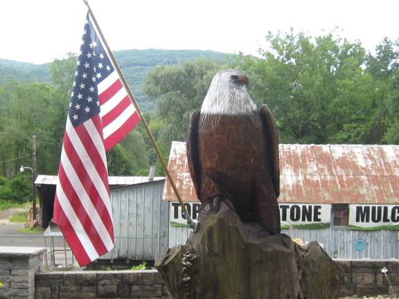 Pappa's Garden Center in McAfee displays their patriotic carved bald eagle for the nation's birthday. (Photo by Janet Redyke)