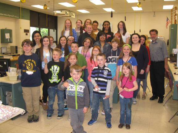 Some participants in High Point Regional High School's Women in Engineering class where the High Point students created stations for the younger children.