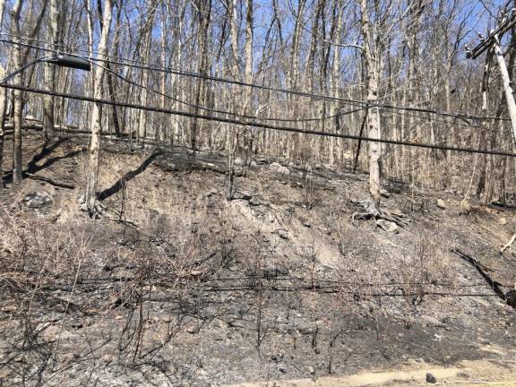 Effects of the fire were visible Thursday afternoon, April 14 along Route 23 in West Milford. (Photo by Kathy Shwiff)