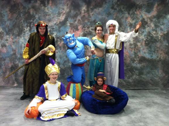 The Cast of the Aladdin: Jafar, Brian Losco (Vernon); Sultan, Ryan Shinall (Hamburg); The Genei, Emily Moreno (Vernon); Jasmine, Brooke Harrsch (Vernon); Aladdin, Ethan Kimball (Vernon); and Abu, Chance Decker (Hamburg).