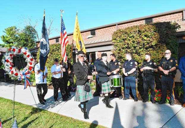 <b>Bagpipe and drum players followed by an honor guard march into the 9/11 Remembrance Ceremony on Thursday, Sept. 11 in Vernon. (Photos by Maria Kovic)</b>