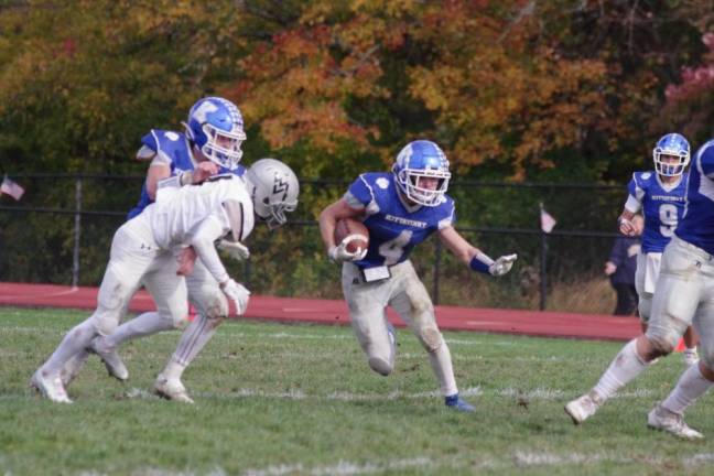 Kittatinny ball carrier Jacob Savage heads toward an opening. He gained 167 yards rushing and made three touchdowns.
