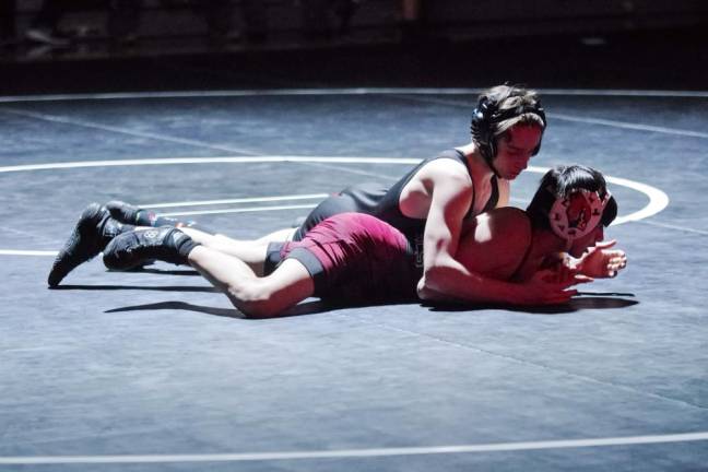 Wallkill Valley's Nicholas Delcalzo is on top of Pompton Lakes' Aaron Herrera in the 106-pound weight class. He pinned Herrera in 2:13 to earn the win.