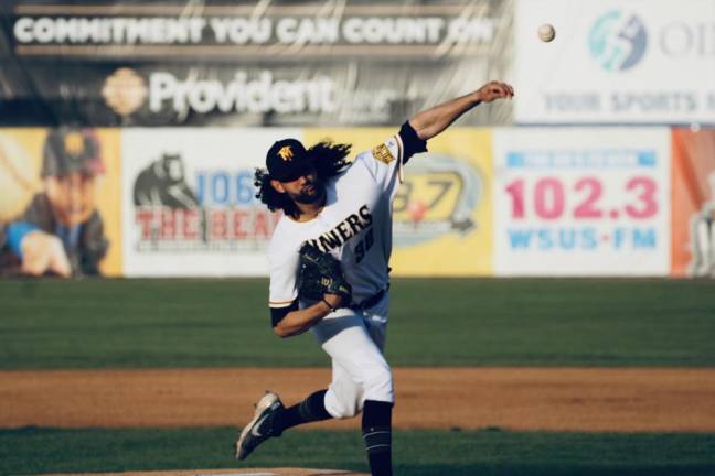 Pitcher Griffin Baker in action at the Sussex County Miners’ home opener May 16.