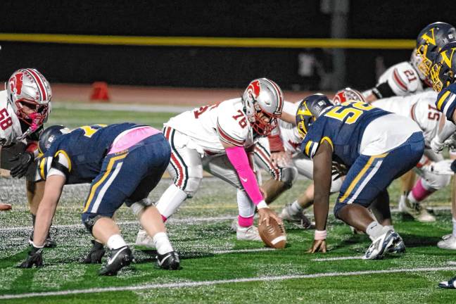 <b>High Point center Alex Conway (76) is ready to snap the ball.</b>