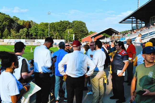 <b>Jack Ciattarelli talks to residents at Skylands Stadium.</b>