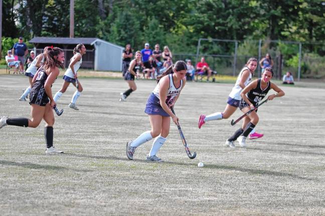 Lenape Valley’s Zoey De Oliveira steers the ball. She made two assists.
