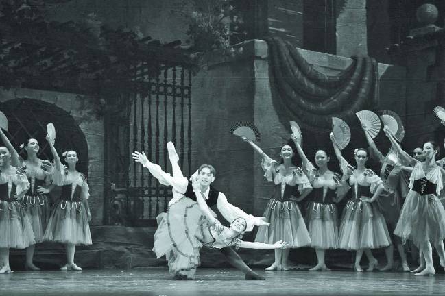VAM Productions NJ Ballet principal Albert Davydov as Basilio in Don Quixote, with Mari Sugawa. Kotoe Kojima-Noa will dance the role of Kitri in the May 18 performance at MPAC.