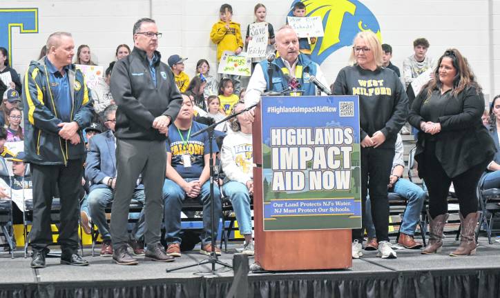 Jefferson Mayor Eric Wilsusen, at podium welcomed other Highlands region mayors who were on hand, including (left to right) Anthony Rossi of Vernon, and James Freda of Kinnelon, Michele Dale of West Milford, and Jamie Landis of Ringwood.