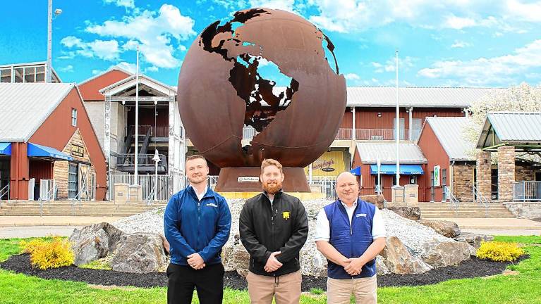 <b>From left are Cory Homer, interim president of Sussex County Community College; Skylands general manager Vincent Sangemino; and SCCC athletic director Todd Poltersdorf. (Photo provided)</b>
