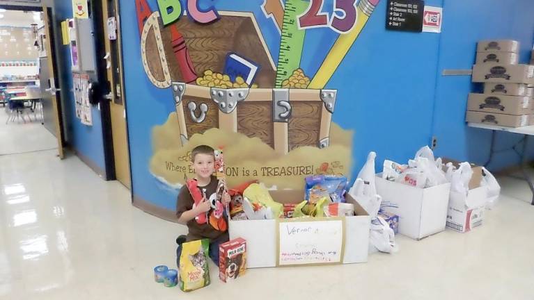 Hunter Schmick with collection boxes at Cedar Mountain Primary School (Photo provided)