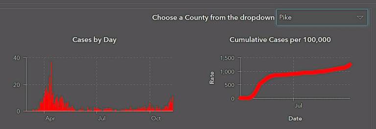 These graphs from the Pennsylvania Department of Health show the sharp rise in new coronavirus cases in Pike County. The numbers for November have not been seen since April and May, at the height of the pandemic. On Monday, Nov. 9, eleven new cases were reported in Pike, the highest per-day number since May 1.