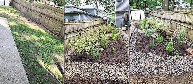 Pete and Sara Buonomo installed a rain garden in their flood-prone back yard in Landing, N.J., with assistance from Rutgers Cooperative Extension Water Resources Program through a rebate program offered to residents in the Lake Hopatcong Watershed (Photo provided)