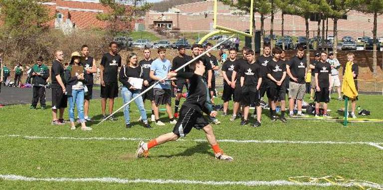 Photo courtesy Erin Hackett Wallkill Valley's Ryan Gebhardt makes his record-setting javelin throw on Wednesday, April 15.