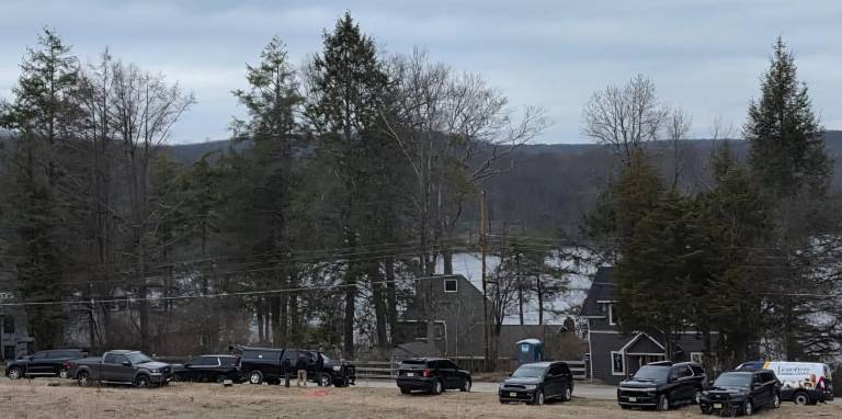 <b>Sussex County Sheriff’s Office Emergency Management drone operators, sheriff’s officers and Newton Animal Control on Emmons Lane in Stillwater on Wednesday, March 18, 2026, as part of a multi-agency response to the Monday, March 16, 2026, dog dumping incident. Photo provided by Hilary Manser/Sussex County Sheriff’s Office.</b>