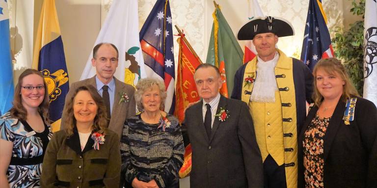 PHOTOS BY VERA OLINSKI From Left, Vice Regent Laura Franek, Donna Traylor, Kevin Mitchell, Joan Thomas, Alex Everitt, Jr., Paul J. Checkur, and Regent Ashley Ziccardi participate in the Chinkchewunska DAR 22nd Annual Awards Ceremony.