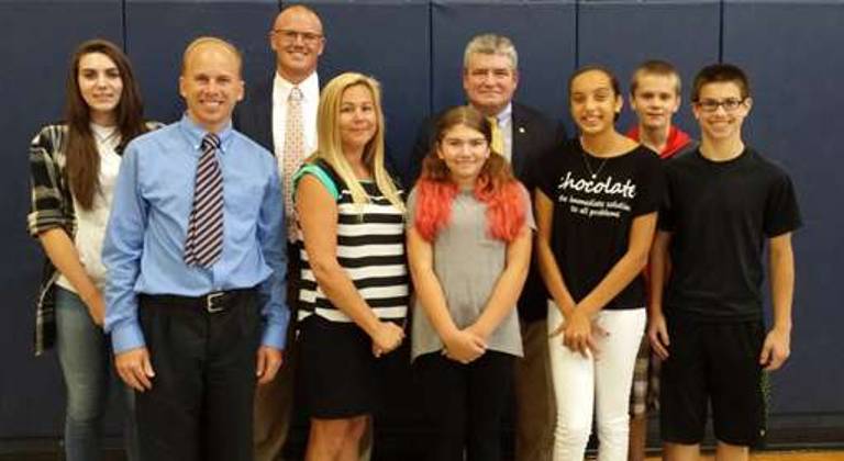 Front row: Robert Demeter, Vice Principal; Kasey Kervatt, student council adviser; Jolie Laukaitis, Nadine Boukhari, Brandon Mudrick; Back Row: Gabrielle Singer, Michael Ryder, CSA, Senator Oroho, Christian Dunay.