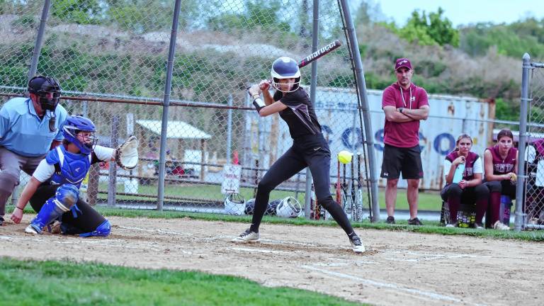 WV1 Wallkill Valley batter Madison Molta watches the ball approach in the first inning of the game against Newton on May 7. The Braves won, 4-0. (Photos by George Leroy Hunter)
