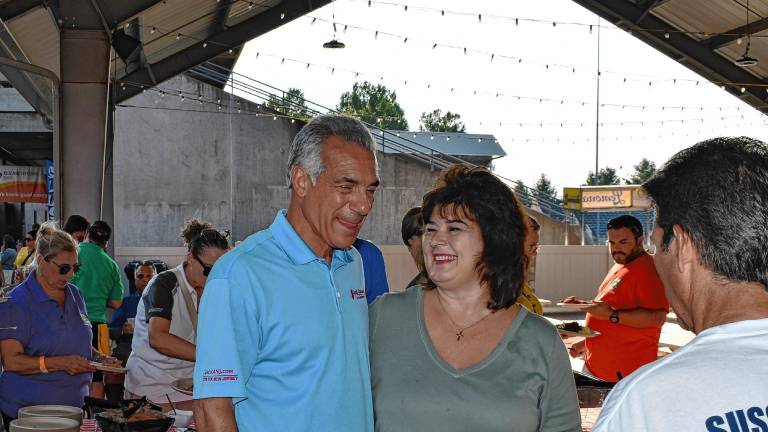 <b>Jack Ciattarelli, the Republican nominee for governor in the Nov. 4 election, talks to Donna Carey, president of the Hardyston school board, on Saturday, Aug. 16 at the Sussex County Republican Committee’s Election Kickoff Rally. (Photos by Maria Kovic)</b>