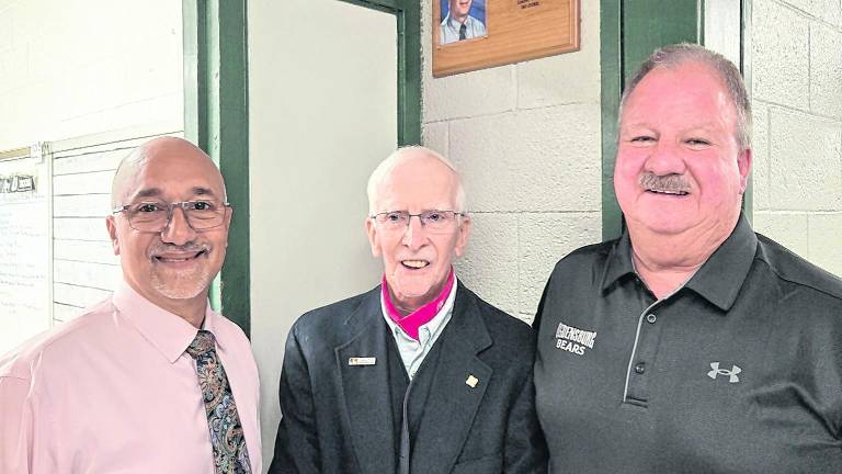 From left, Superintendent Dave Astor, John Kibildis'twin brother, Bill, and Ogdensburg Historical Society Trustee Earl Hornyak are shown.