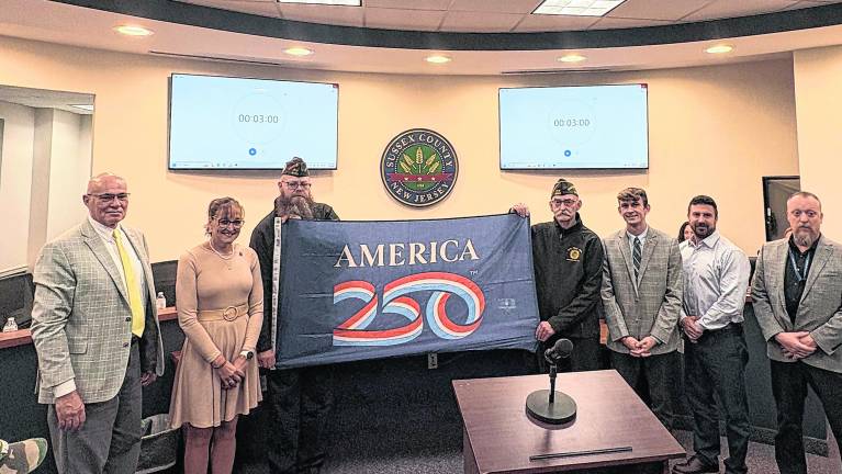 <b>The Ogdensburg VFW presented an America 250 banner to the Sussex County Commissioners.</b>